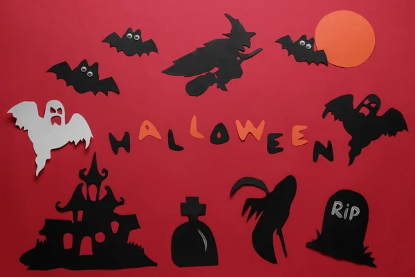 Halloween Holiday Composition Various Halloween Paper Figures View Red Background — Stock Photo, Image