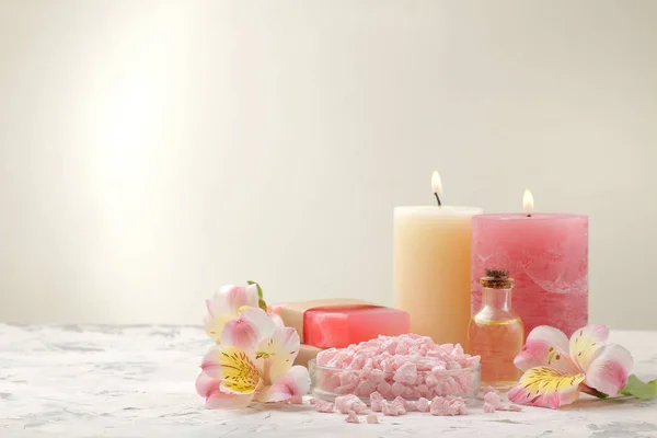 Samenstelling Van Spa Met Zeezout Aroma Oliën Handgemaakte Zeep Met — Stockfoto