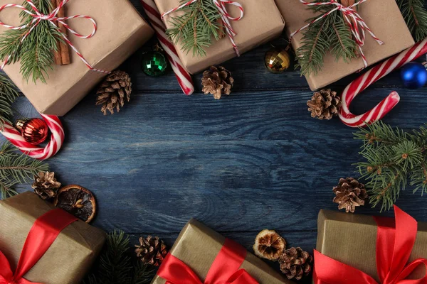 Capodanno Natale Vacanze Composizione Con Capodanno Regali Natale Sfondo Blu — Foto Stock