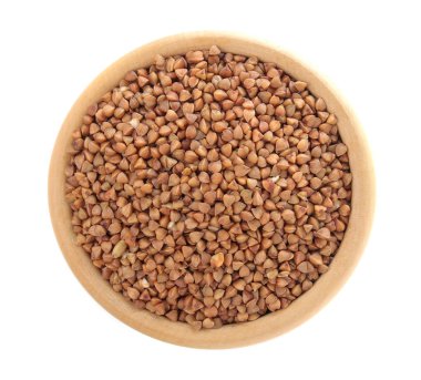 Karabuğday kabuğu çıkarılmış tane beyaz izole zemin üzerinde ahşap bir kase. Yulaf lapası. sağlıklı gıda. tahıllar. üstten görünüm