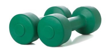 Halter fitness beyaz yeşil için arka plan izole. Spor donatımı