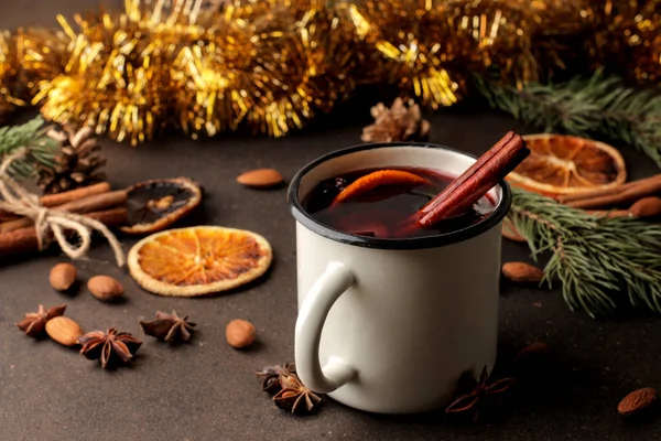 Hot Mulled Wine Cinnamon Orange Dark Background Christmas New Year — Stock Photo, Image