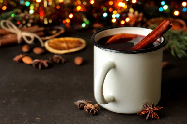 Hot Mulled Wine Cinnamon Orange Dark Background Christmas New Year — Stock Photo, Image