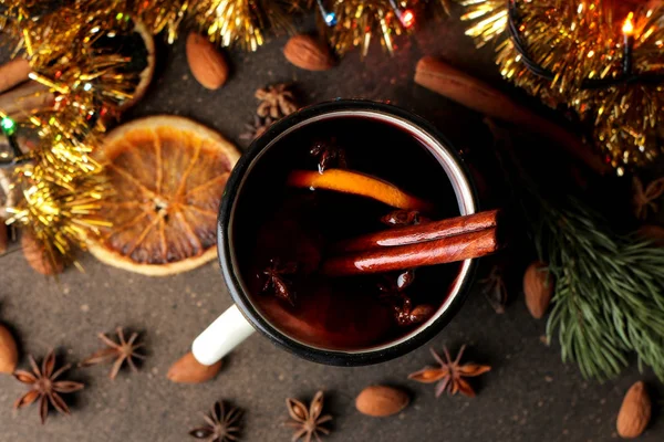 Hot Mulled Wine Cinnamon Orange Close Dark Background View Christmas — Stock Photo, Image