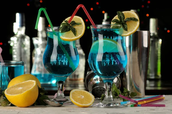 Cocktail Blue Lagoon Cocktail Glass Lemon Mint Brown Wooden Table — Stock Photo, Image