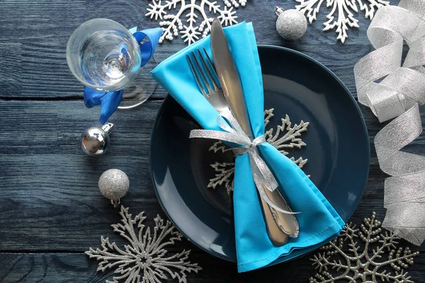 Christmas Table Setting Knife Fork Plate New Year Decorations Blue — Stock Photo, Image