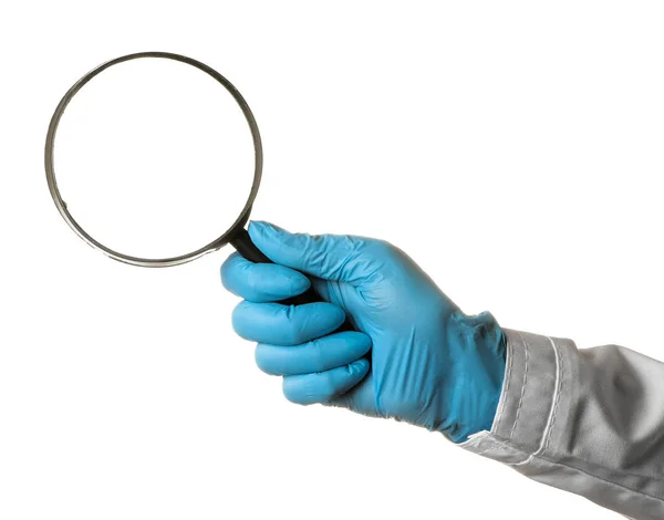 Woman Doctor Hand Holding Magnifying Glass White Isolated Background Hand — Stock Photo, Image