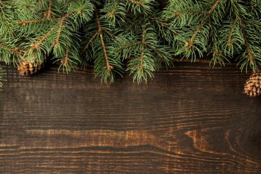 Noel ağacı ve çam kozalakları kahverengi zemin üzerine metin için Noel ve yeni yıl çerçeve. yukarıdan görüntülemek.