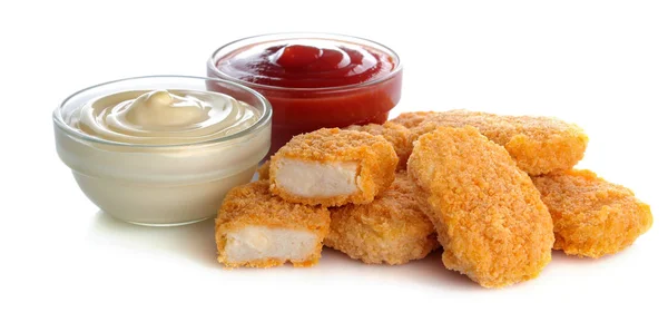 chicken nuggets with red and white sauce, ketchup on white isolated background. fast food