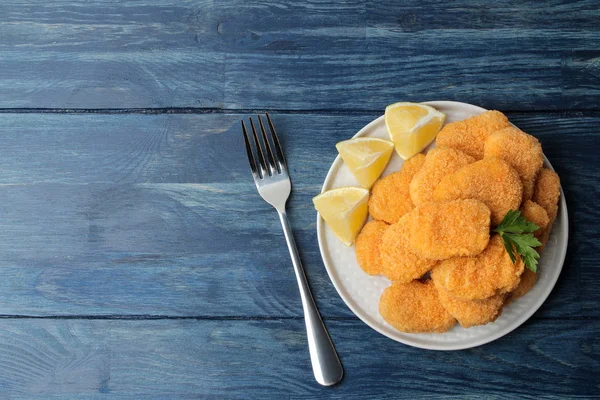 Chicken Nuggets Plate Fork Lemon Slices Blue Wooden Table Top — Stock Photo, Image