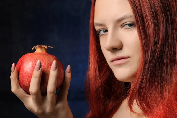 Portrait Beautiful Girl Red Hair Pomegranate Fruit Background Blue Wall — Stock Photo, Image