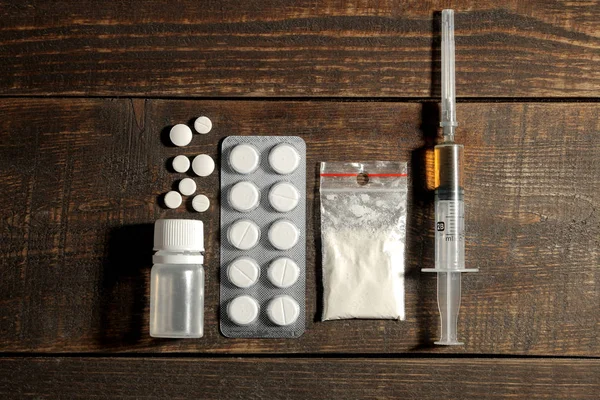 Diverses Drogues Addictives Compris Alcool Les Cigarettes Les Drogues Sur — Photo