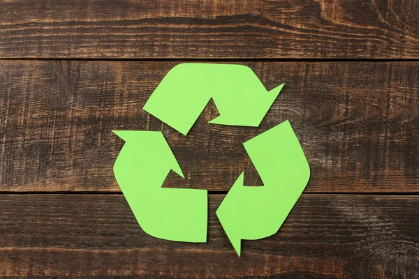 Recycling Sign Brown Wooden Table View Eco Concept — Stock Photo, Image