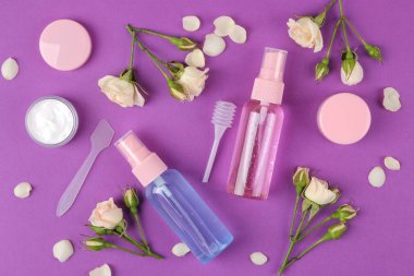 Kozmetik için yüz ve vücut parlak mor zemin üzerine taze gül pembe şişelerde. Spa. üstten görünüm