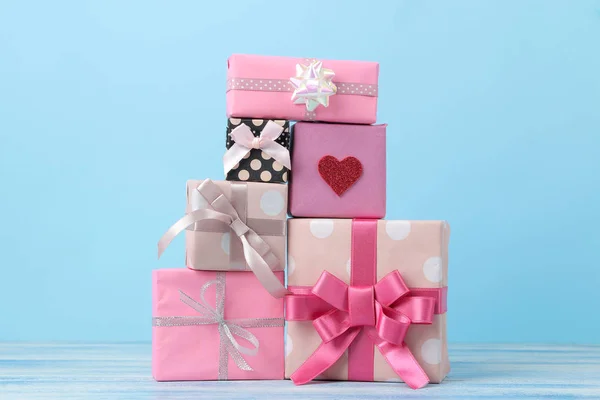 Gift boxes. Gifts on a gentle blue background. Holidays. Valentine's Day. women's Day. mother's day.