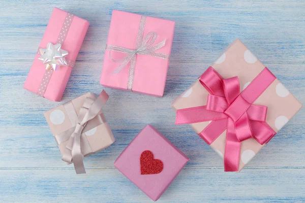 Geschenkboxen Geschenke Auf Sanft Blauem Hintergrund Ansicht Von Oben Urlaub — Stockfoto