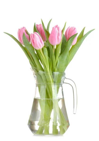 Όμορφη Ανθοδέσμη Των Λουλουδιών Του Ροζ Τουλίπες Βάζο Λευκό Φόντο — Φωτογραφία Αρχείου