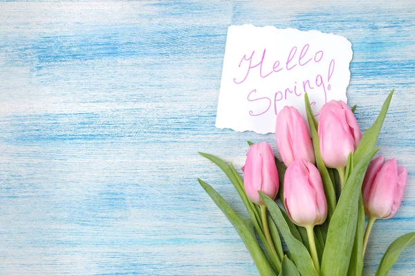 Beautiful Bouquet Pink Tulips Flowers Gift Box Text Hello Spring — Stock Photo, Image