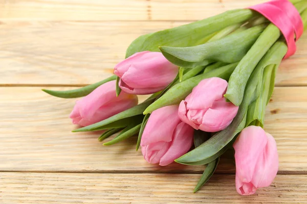 Beautiful Bouquet Flowers Pink Tulips Natural Wooden Background Close Spring Stock Photo