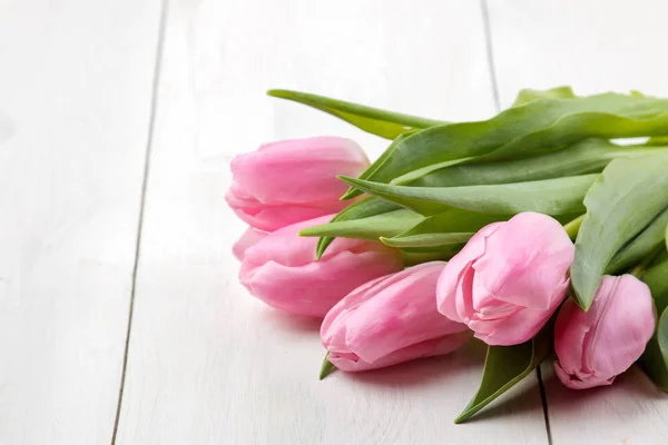 Bouquet Beautiful Pink Tulips Flowers White Wooden Table Spring Holidays Stock Picture