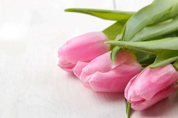 Bouquet Beautiful Pink Tulips Flowers White Wooden Table Spring Holidays Stock Image