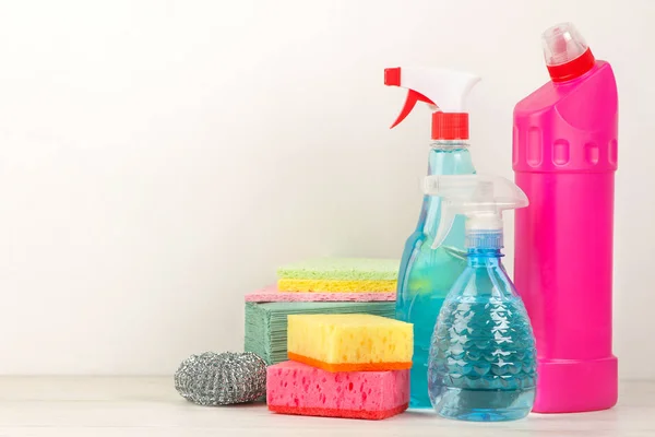 Bottles Detergent Cleaning Tools Light Background Cleaning Cleaning Products Place — Stock Photo, Image