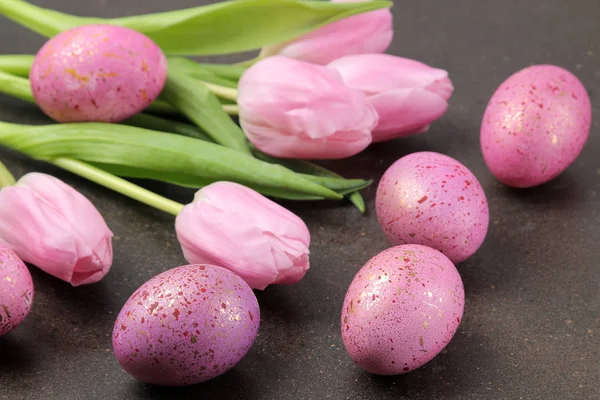 Easter Pink Easter Eggs Flowers Tulips Dark Background Happy Easter — Stock Photo, Image