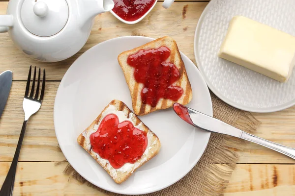 Toasts Jam Fried Crispy Toast Red Jam Natural Wooden Table — Stock Photo, Image