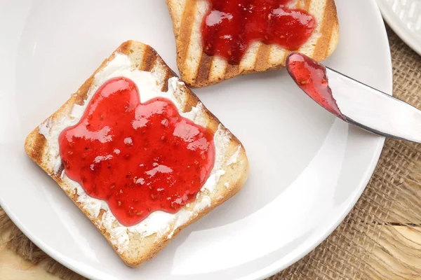 Toasts Jam Fried Crispy Toast Red Jam Natural Wooden Table — Stock Photo, Image