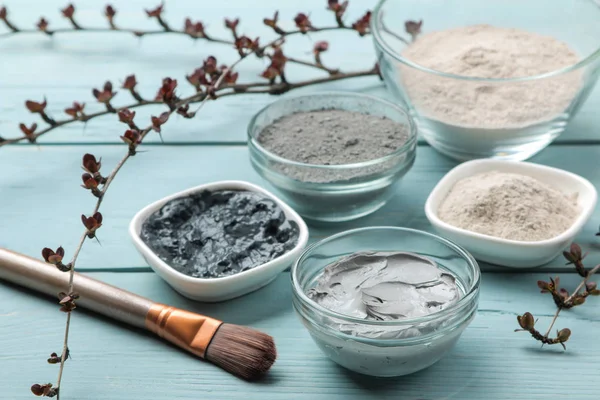 Cosmetic clay. clay facial mask on a gentle blue background. different types of clay. natural cosmetics for cosmetic procedures. Beauty concept.