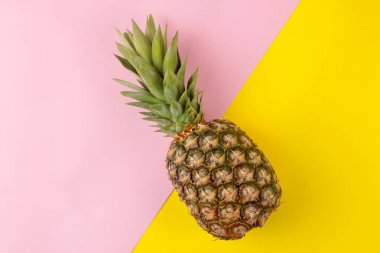 Parlak sarı ve pembe arka planda büyük olgun meyve ananas. Yaz. üst görünüm.