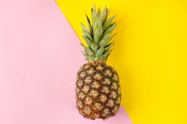 Parlak sarı ve pembe arka planda büyük olgun meyve ananas. Yaz. üst görünüm.