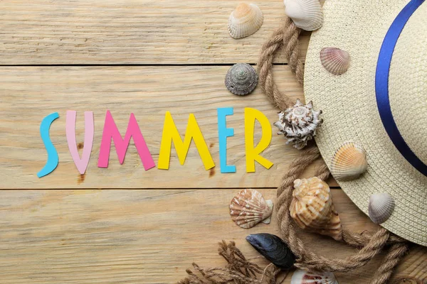 Word Summer Made Paper Multicolored Letters Sea Rope Seashells Natural — Stock Photo, Image