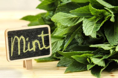 Nane. Yaprakları ve ahşap doğal bir masa üzerinde metin ile bir işaret ile taze yeşil yabani nane dalları.