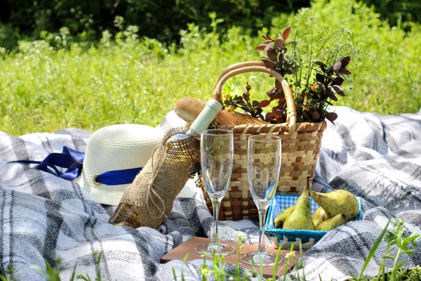 Camping. Picnic basket with wine fruit and other products on a gray plaid in the grass.