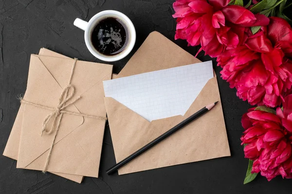 Beautiful Bright Pink Flowers Peonies Stack Envelopes Coffee Black Graphite — Stock Photo, Image