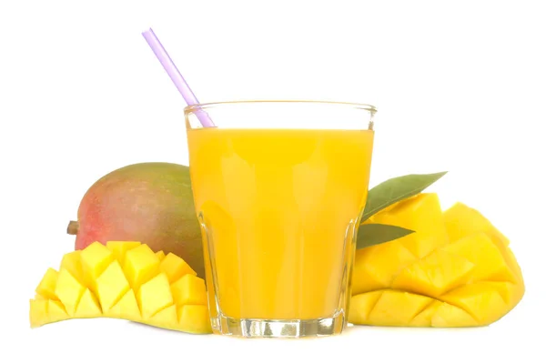 Rijpe Verse Mango Vruchten Mango Sap Een Glas Een Witte — Stockfoto
