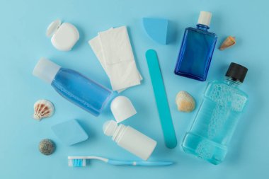 Hafif açık mavi arka plan üzerinde seyahat için kozmetik ve kişisel bakım ürünleri bir dizi. üst görünüm. seyahat kozmetik