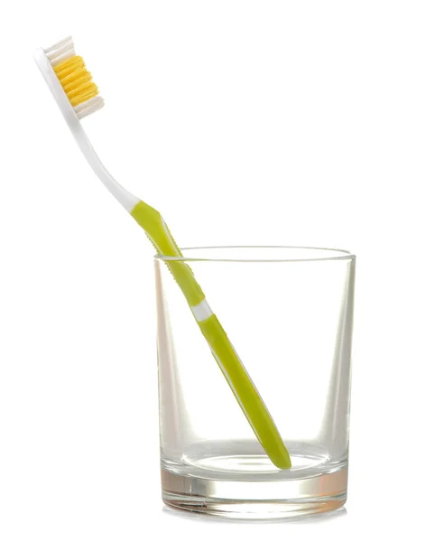 Multi Colored Toothbrushes Glass Beaker White Isolated Background Oral Hygiene — Stock Photo, Image