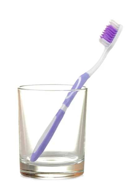Multi Colored Toothbrushes Glass Beaker White Isolated Background Oral Hygiene — Stock Photo, Image