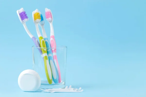 Oral Hygiene Toothbrush Dental Floss Toothbrush Sticks Gentle Blue Background — Stock Photo, Image