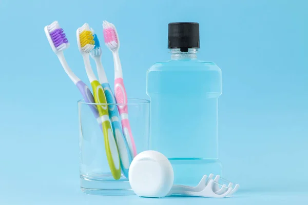 Oral Hygiene Toothbrush Dental Floss Rinse Mouth Teeth Gentle Blue — Stock Photo, Image