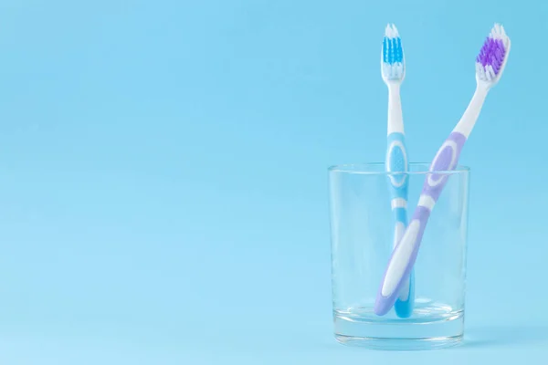 Oral Hygiene Multi Colored Toothbrush Glass Gentle Blue Background Space — Stock Photo, Image