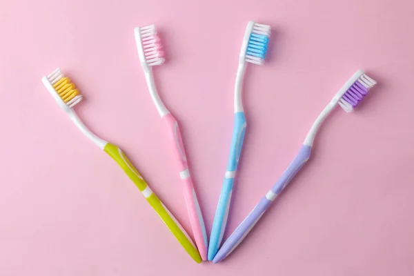 Oral Hygiene Multi Colored Toothbrush Bright Pink Background Top View — Stock Photo, Image