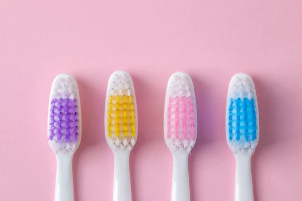 Oral Hygiene Multi Colored Toothbrush Bright Pink Background Top View — Stock Photo, Image