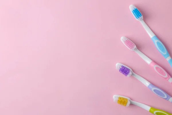 Oral Hygiene Multi Colored Toothbrush Bright Pink Background Top View — Stock Photo, Image