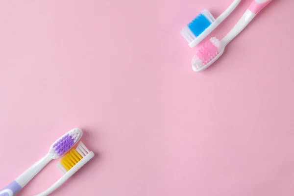 Oral Hygiene Multi Colored Toothbrush Bright Pink Background Top View — Stock Photo, Image