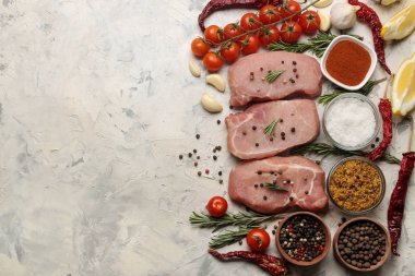 Çiğ domuz biftek, et ve pişirme için malzemeler, baharatlar, otlar ve hafif bir arka plan üzerinde sebze. üst görünüm