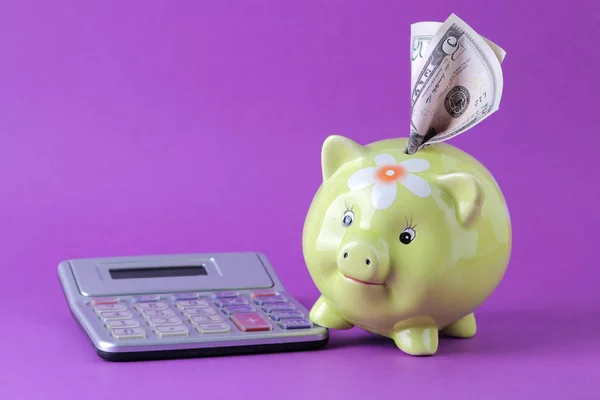 Green pig money box and money and calculator on a bright purple background. Finance, savings, money. space for text
