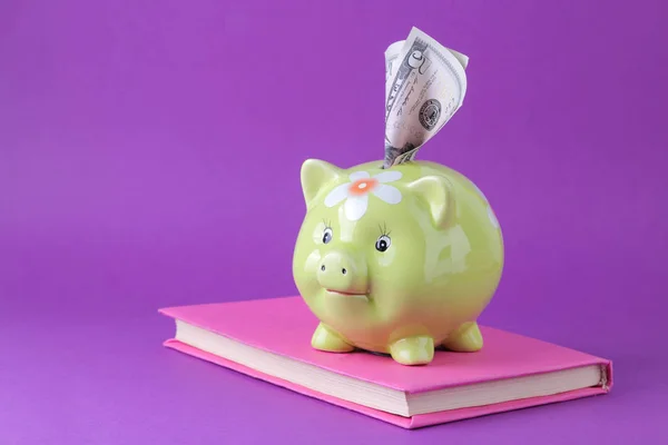 Green pig money box and money and book on a bright purple background. Finance, savings, money. space for text